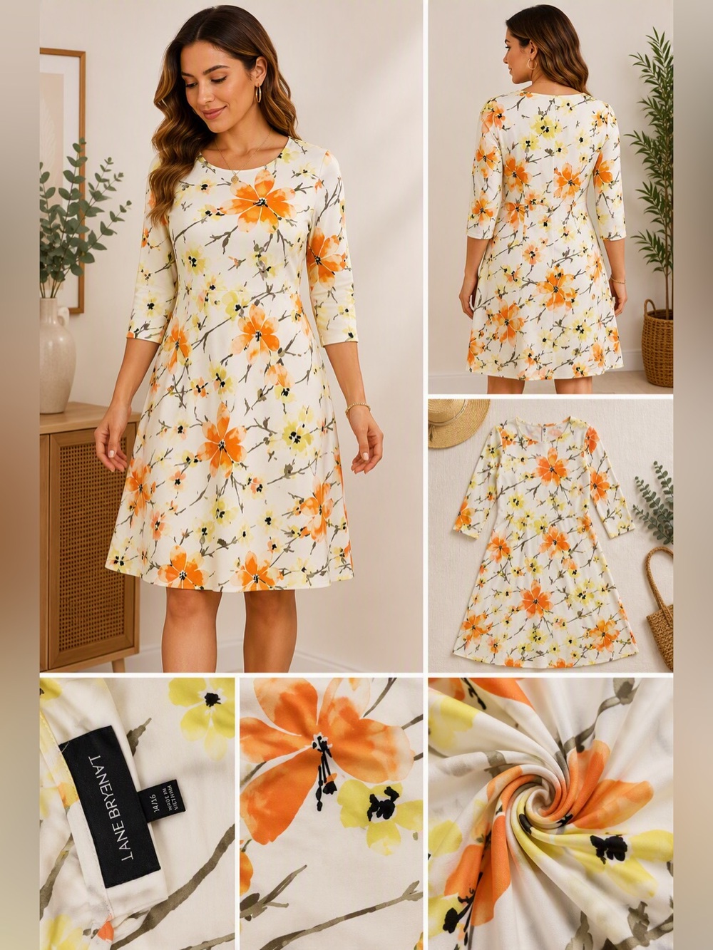 Lane Bryant Cream Floral Midi Dress with Orange Accents
